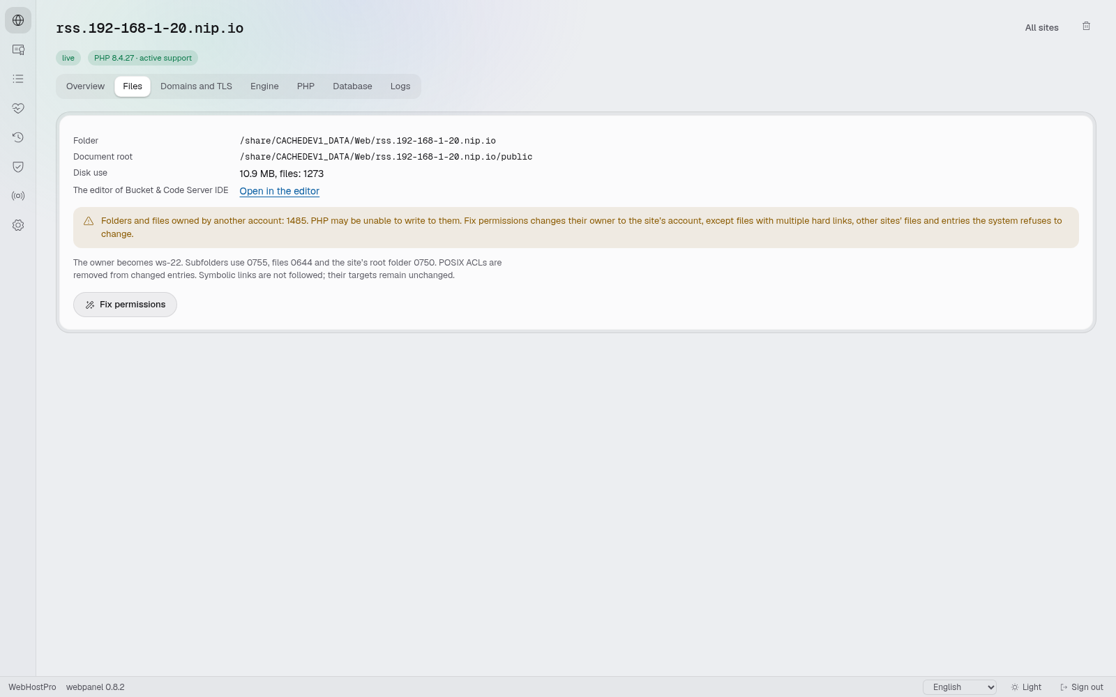 The Files tab for the FreshRSS site