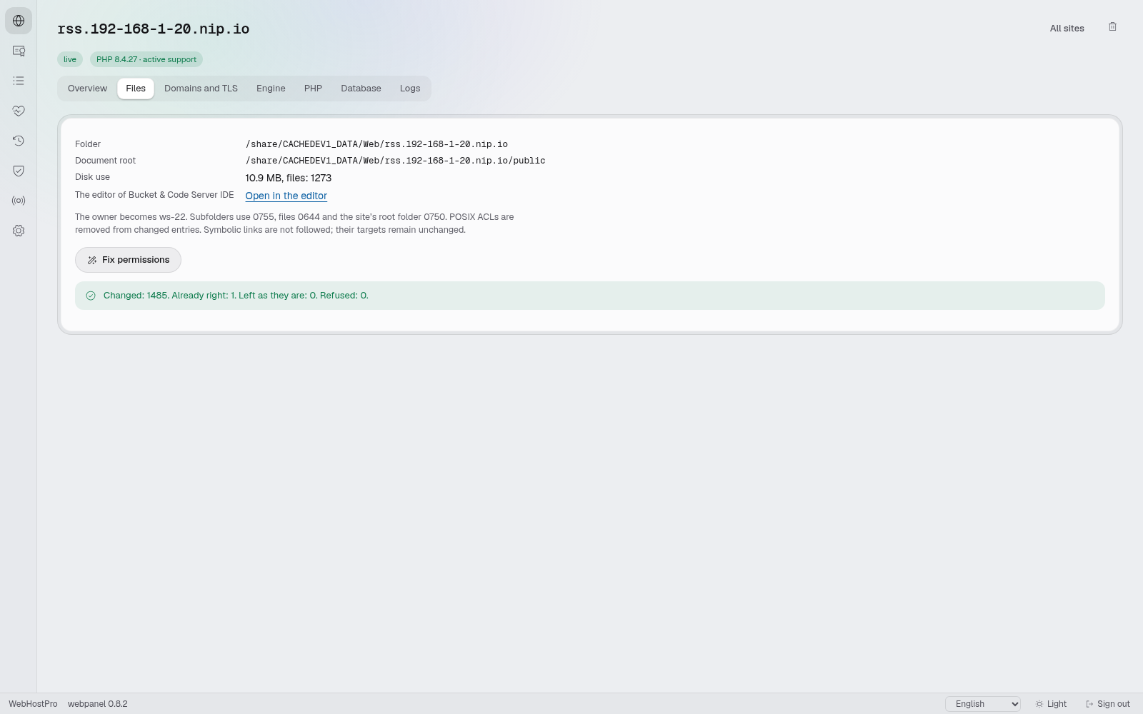 Summary of the permission repair for the site's files
