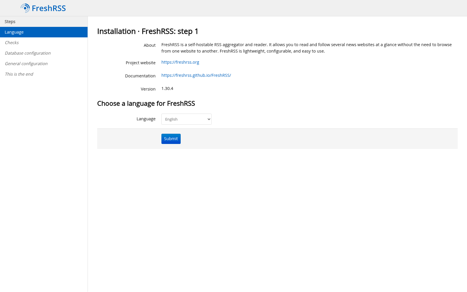 Wybór języka w instalatorze FreshRSS