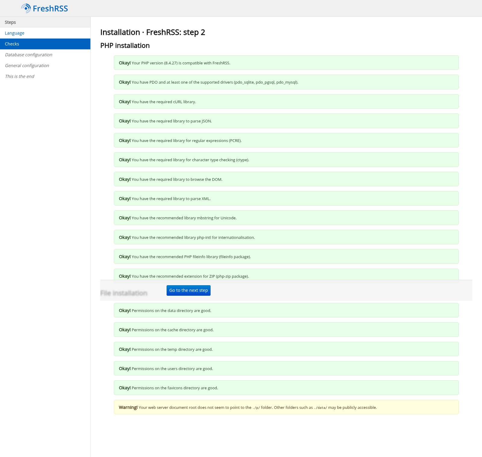 Sprawdzanie wymagań przez instalator FreshRSS