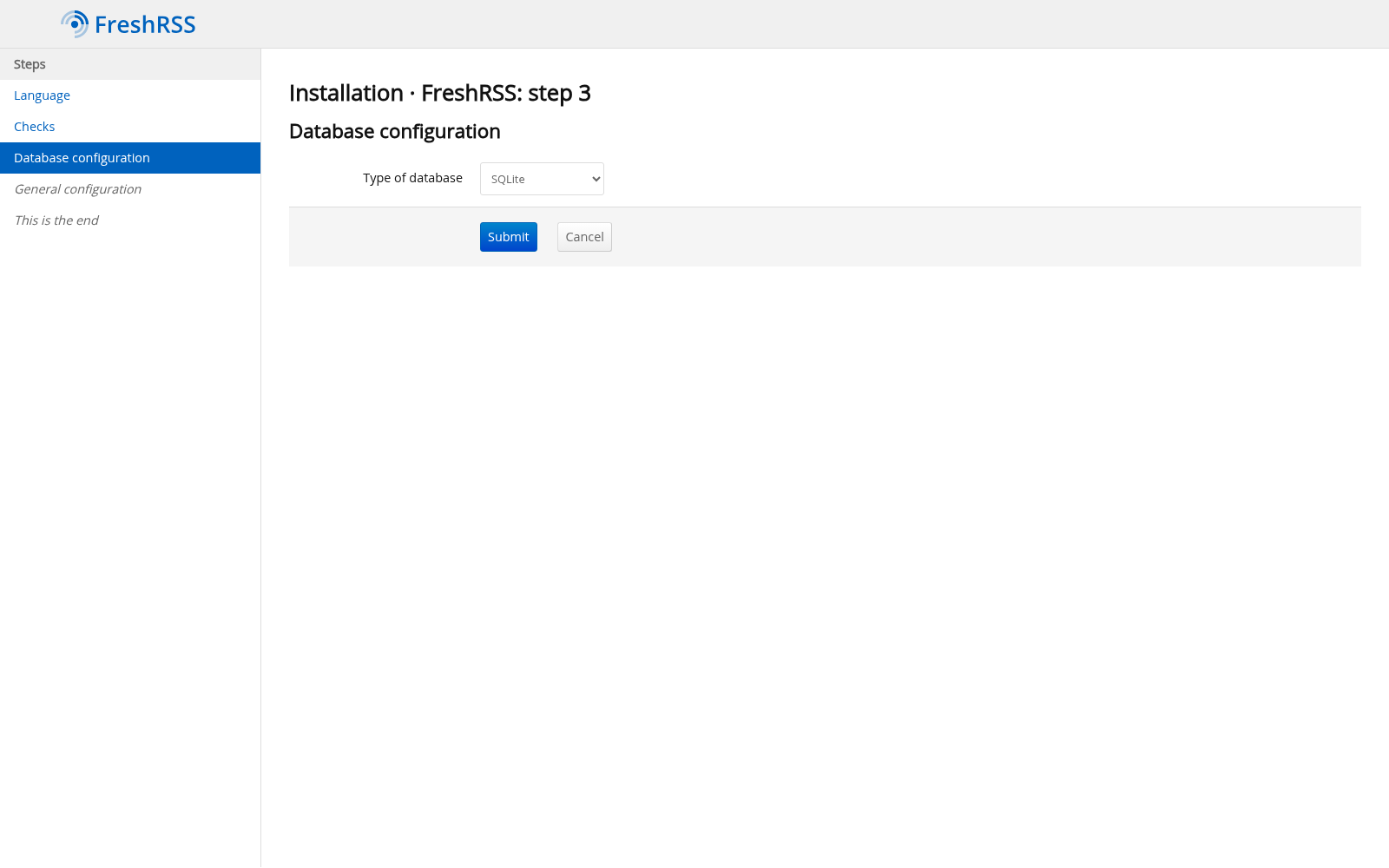 Konfiguracja SQLite w instalatorze FreshRSS