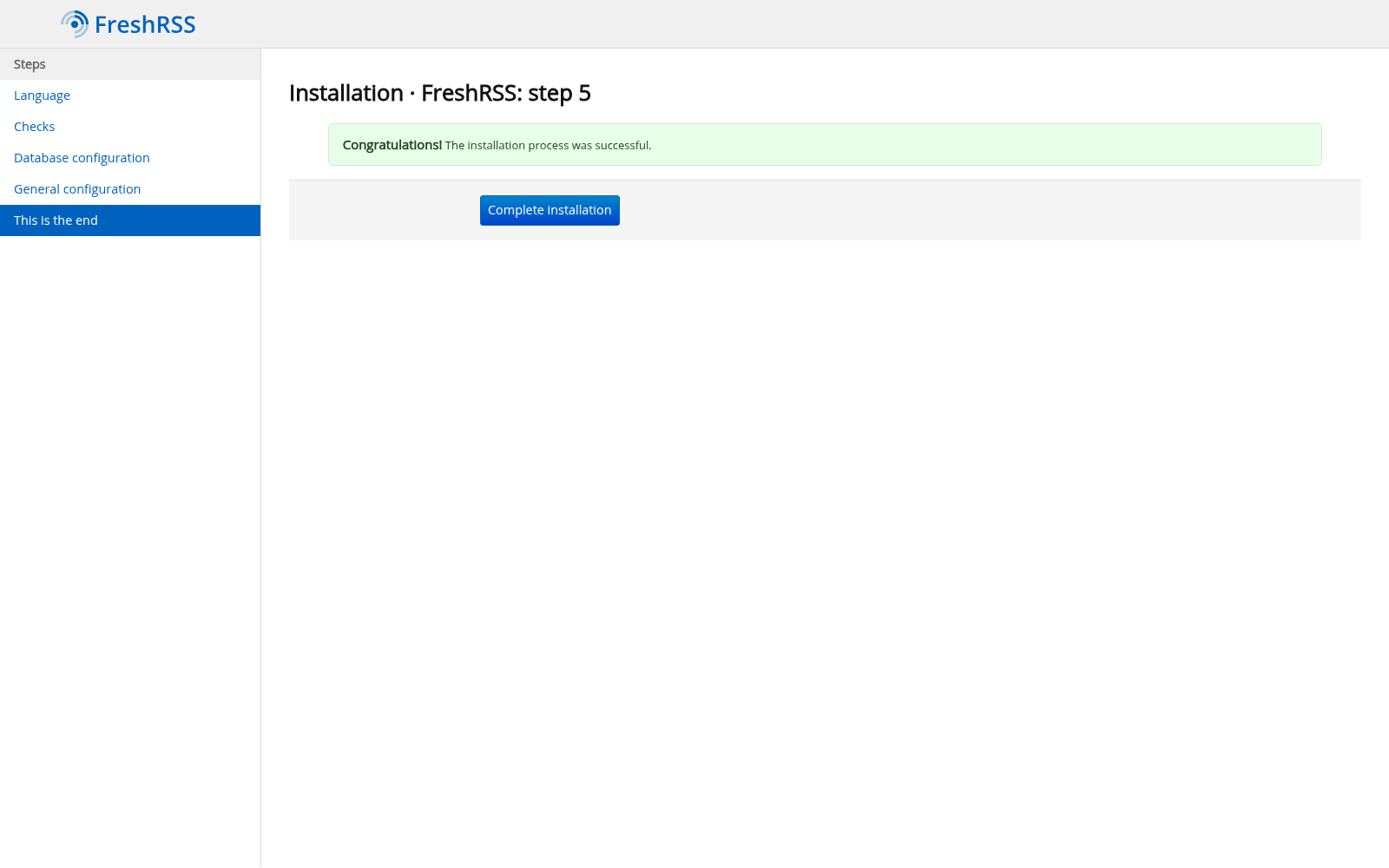 Ekran końcowy instalatora FreshRSS