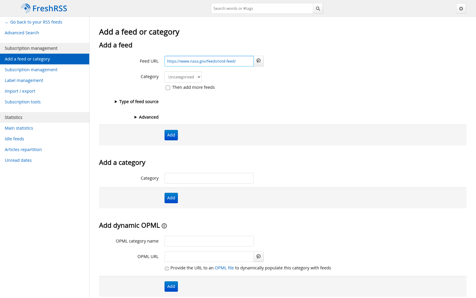 Adding an RSS feed in FreshRSS