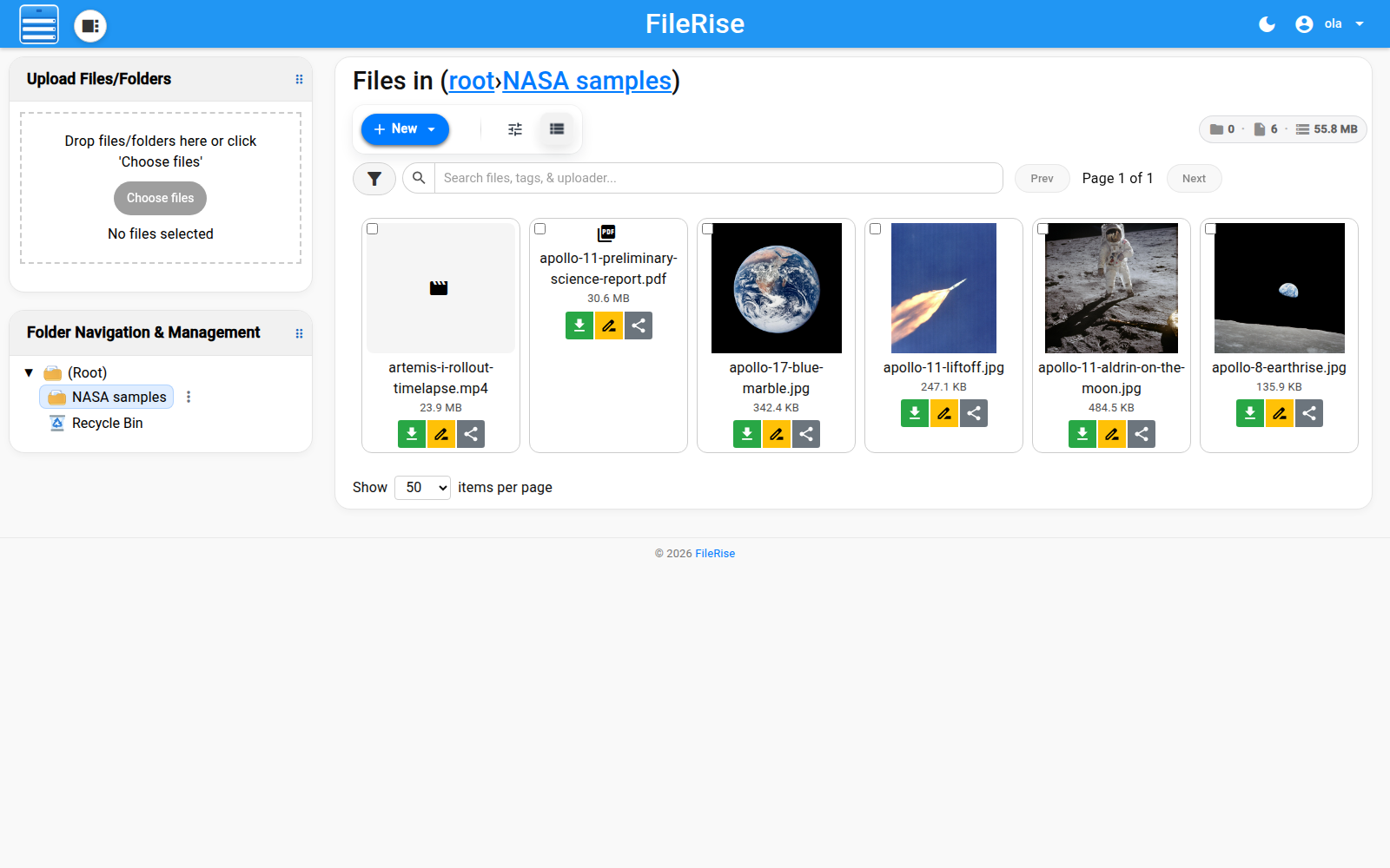 The FileRise gallery with picture thumbnails and other files.