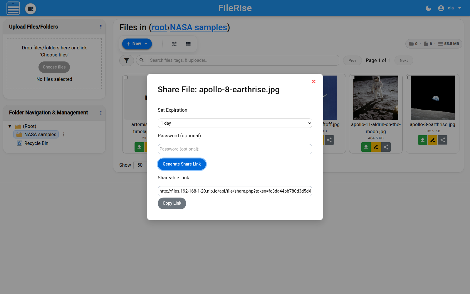 A generated FileRise sharing link