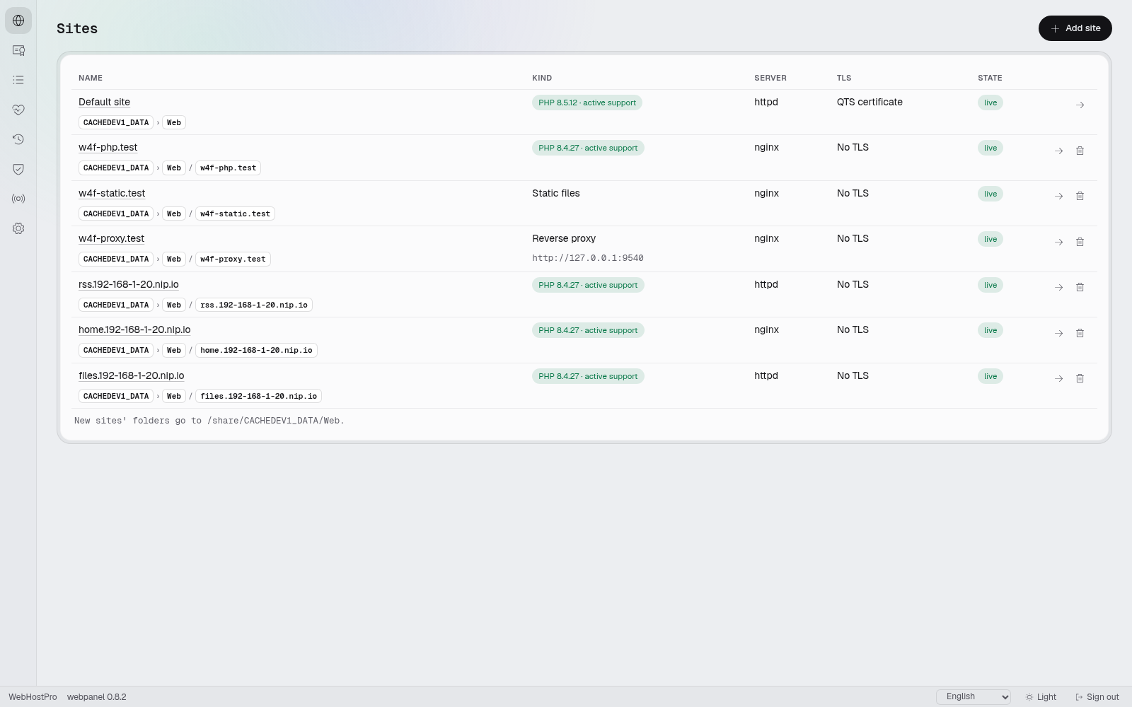 WebHostPro's Sites page with FreshRSS, Heimdall and FileRise