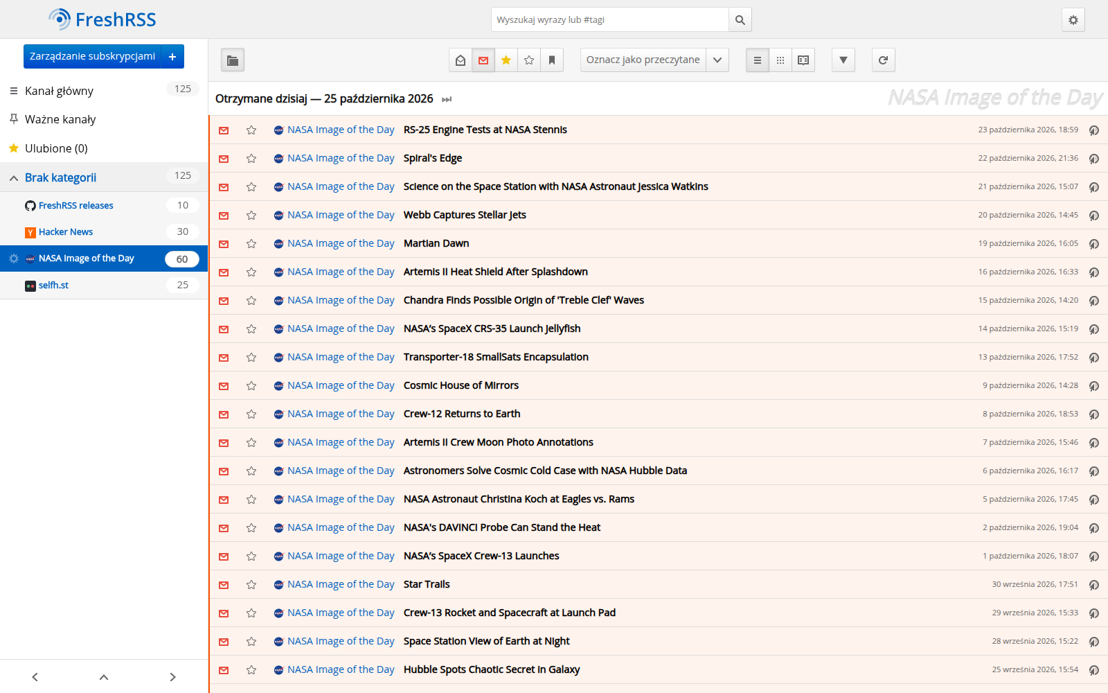 Lista artykułów w FreshRSS