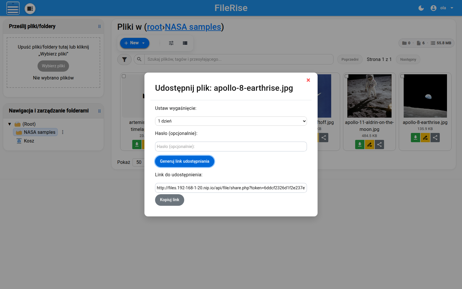 Wygenerowany link udostępniania w FileRise