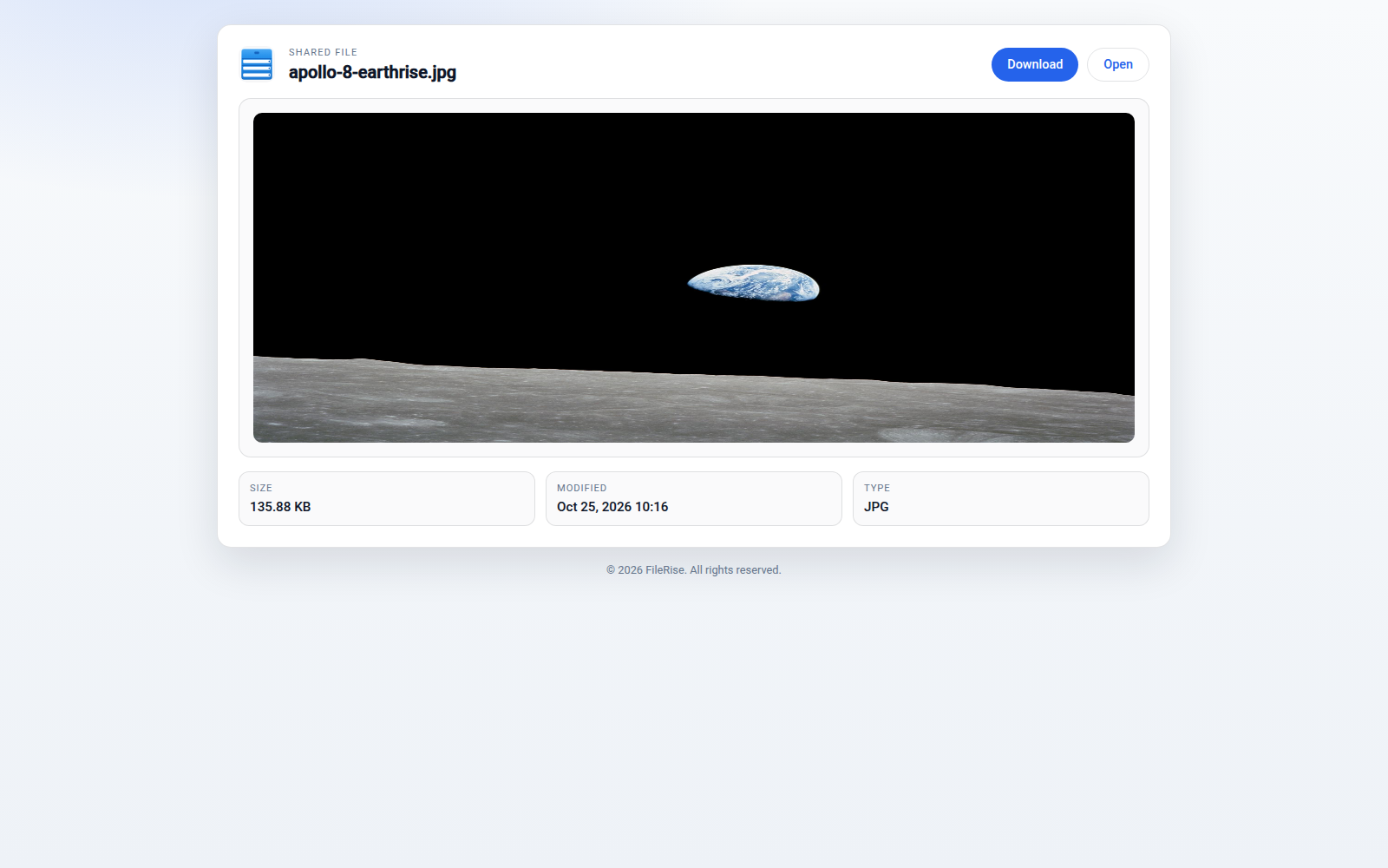 Widok pliku udostępnionego bez logowania do konta FileRise