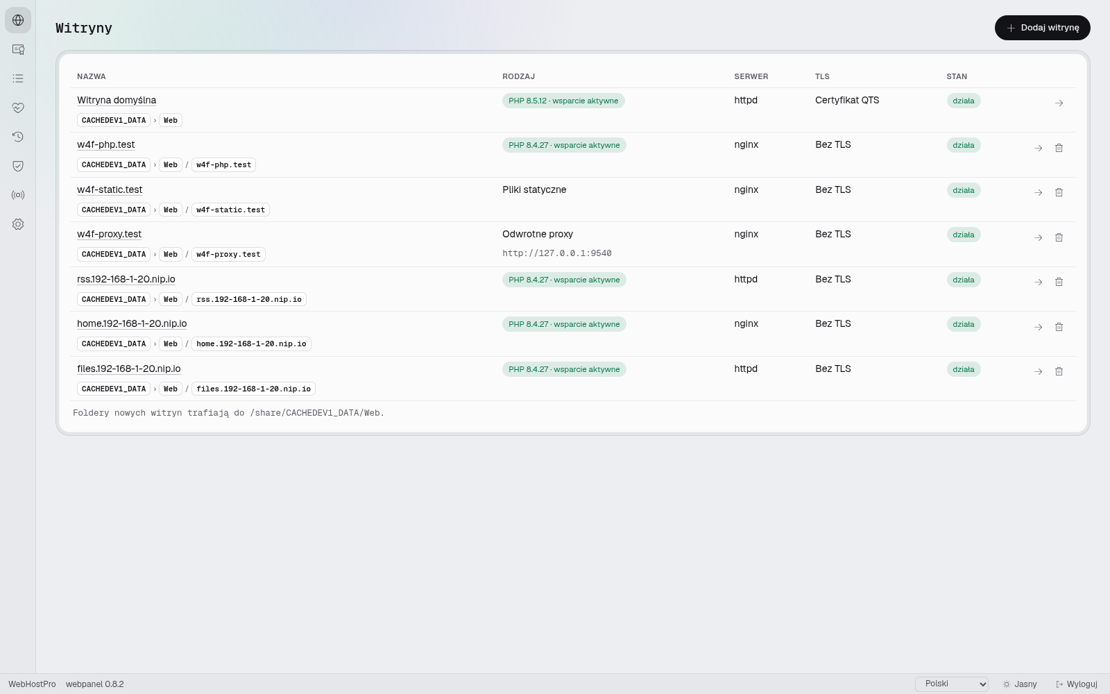Lista witryn WebHostPro z FreshRSS, Heimdallem i FileRise