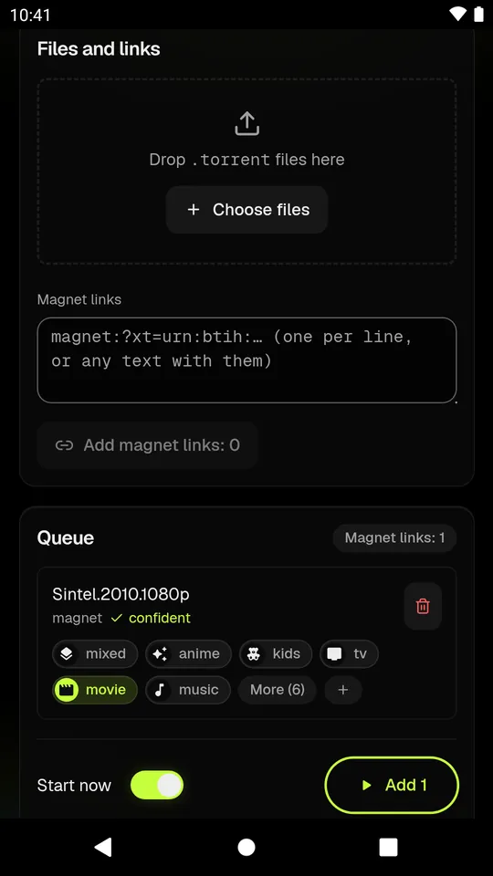 Torrent toevoegen op een telefoon, met de categorie die de NAS kiest