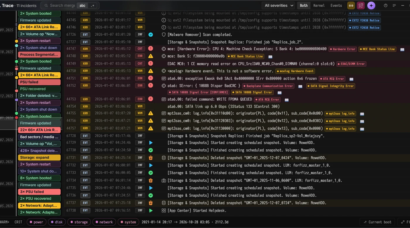 Dr. Trace: kernel messages and system events merged onto one timeline, severity-tagged, with the incident rail beside them