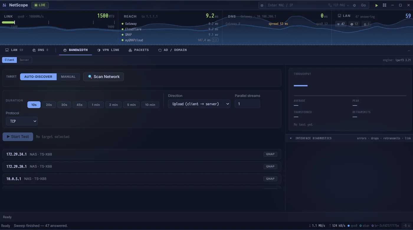 NetScope Bandwidth: an iperf3 client with the NAS peers it discovered, duration, direction and protocol