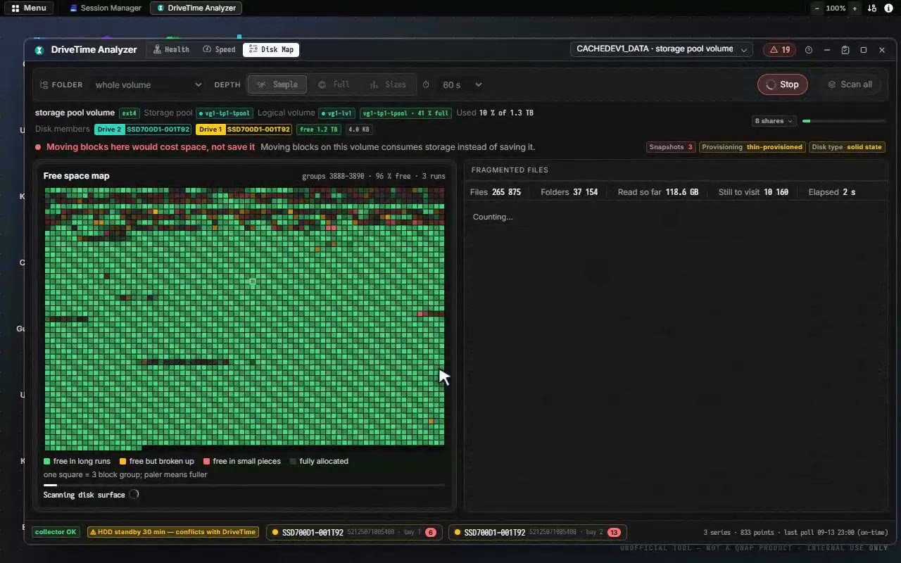 DriveTime's Disk Map: a volume's free-space map cell by cell, the files broken into the most pieces, and the verdict that defragmenting would gain nothing