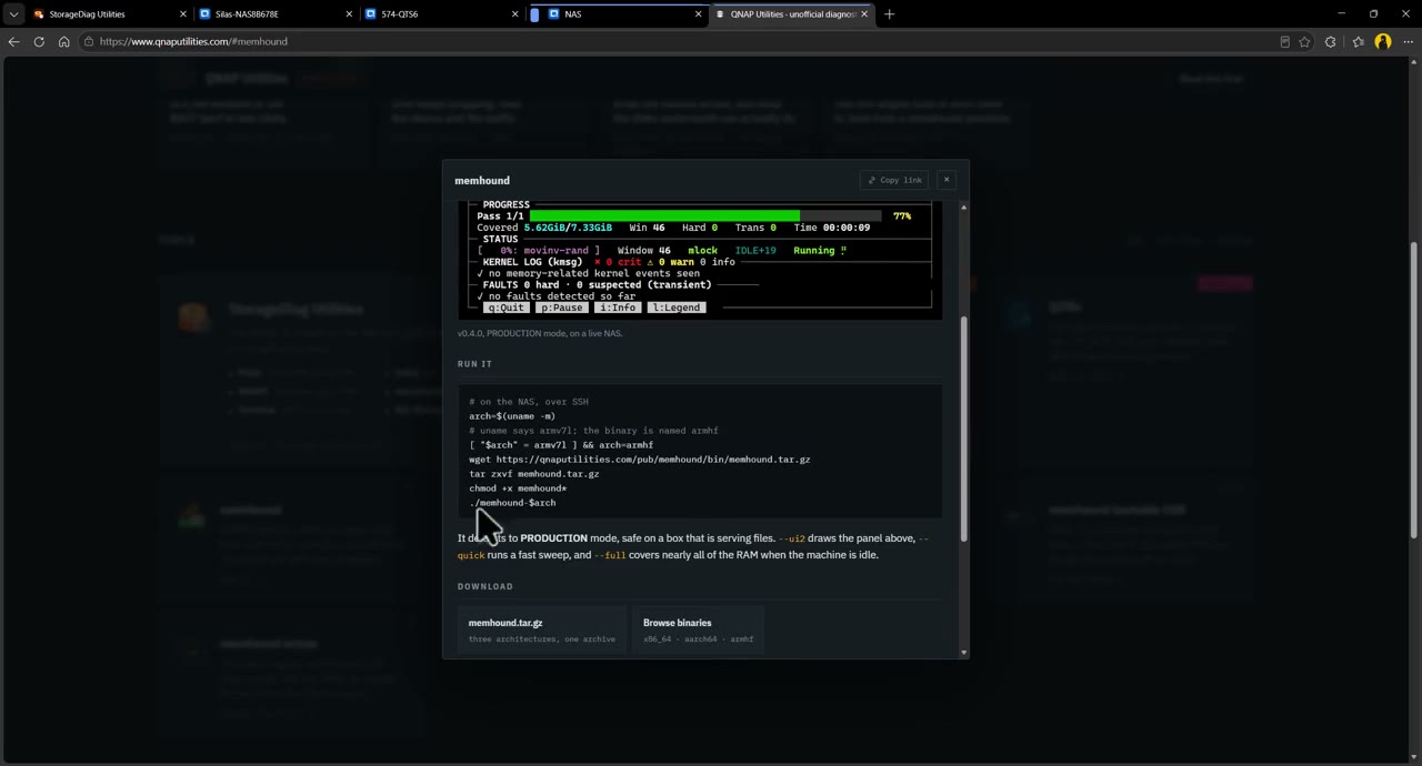 A PuTTY session downloading memhound.tar.gz from qnaputilities.com and running the text-mode memory map