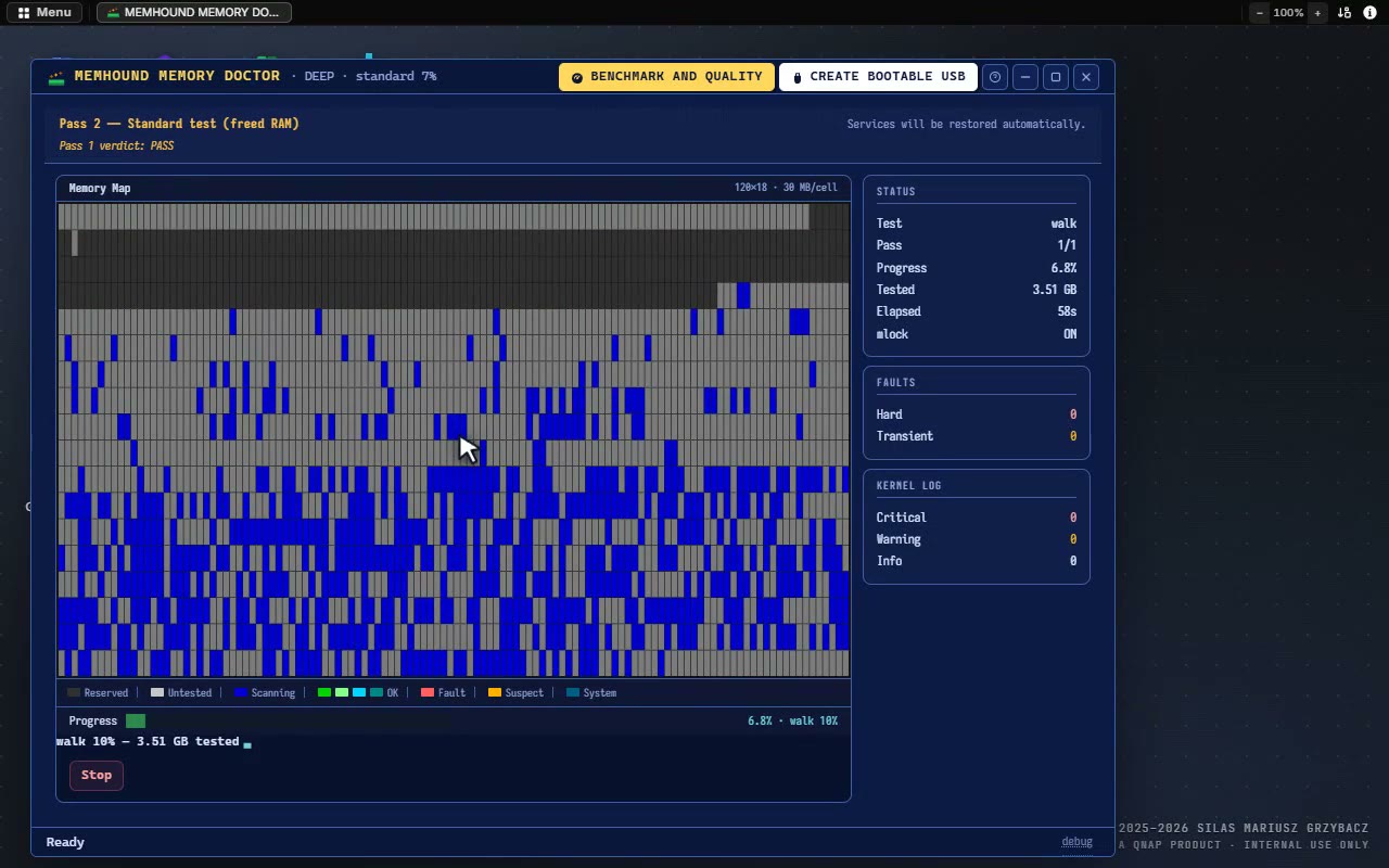 memhound Deep test: the ZFS ARC is released, 52 of 64 GB become testable, eight cells on one DIMM turn red and the verdict is FAIL
