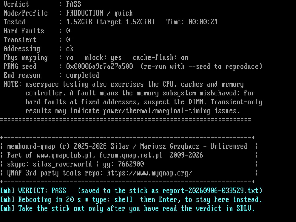 The LiveOS boot on a monitor: kernel log, the sweep's progress lines and the PASS verdict table