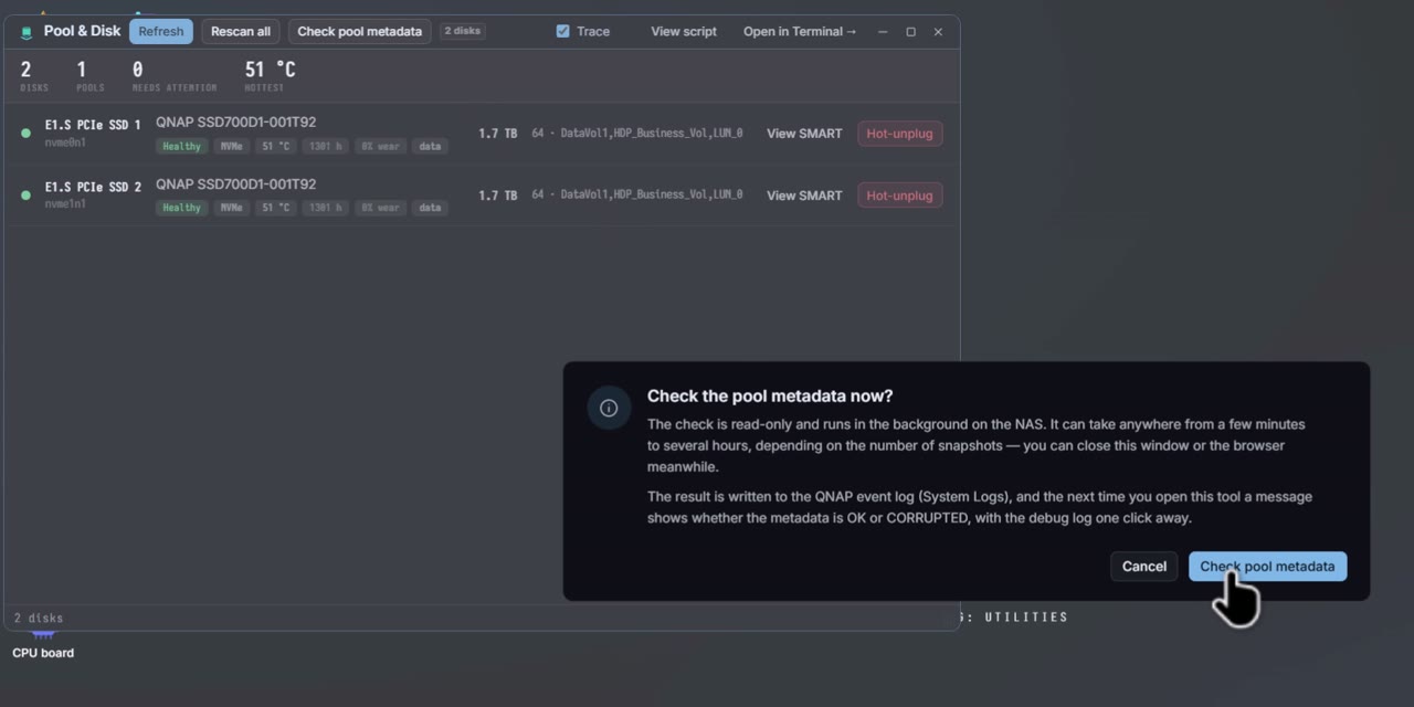 Pool & Disk in QTS: the Check pool metadata button and the confirmation explaining that the check is read-only, runs in the background on the NAS, and can take from a few minutes to several hours depending on the number of snapshots